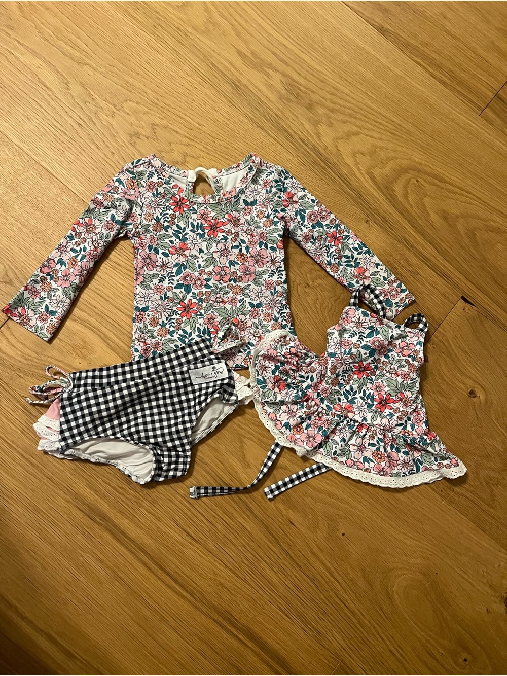 Girls Floral Rash Guard Set with Gingham Bikini Bottoms
